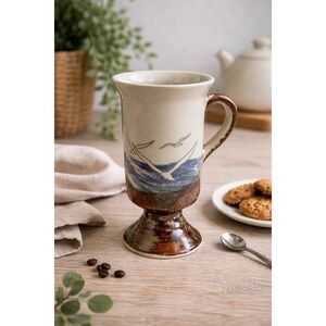 Vtg Otagiri Irish Coffee Footed Mug Light House Seagull Sea Scape 6,5"